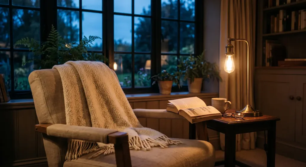 Bienfaits de la lecture le soir : le guide Fauteuil de lecture avec lampe chaude allumée et livre ouvert le soir