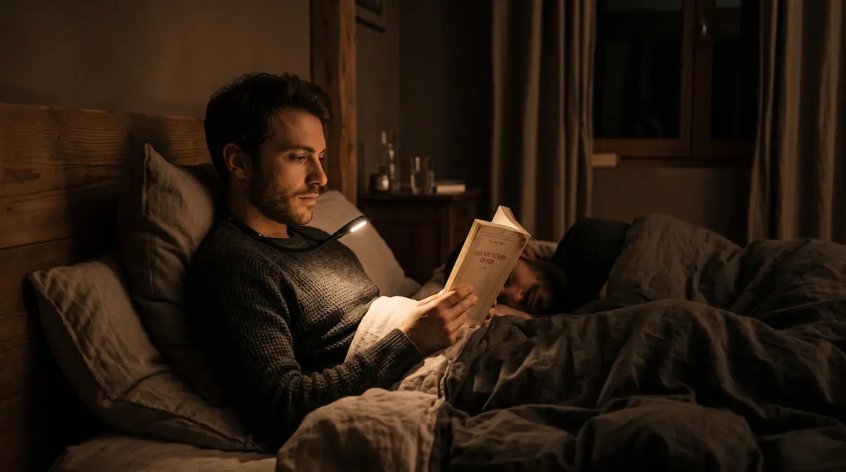 Lampe de lecture pour lire au lit sans déranger Personne lisant au lit le soir avec une lampe de lecture pour ne pas déranger son/sa partenaire