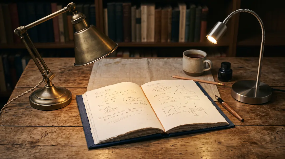comparatif lampe de lecture, carnet de notes sur bureau en boi