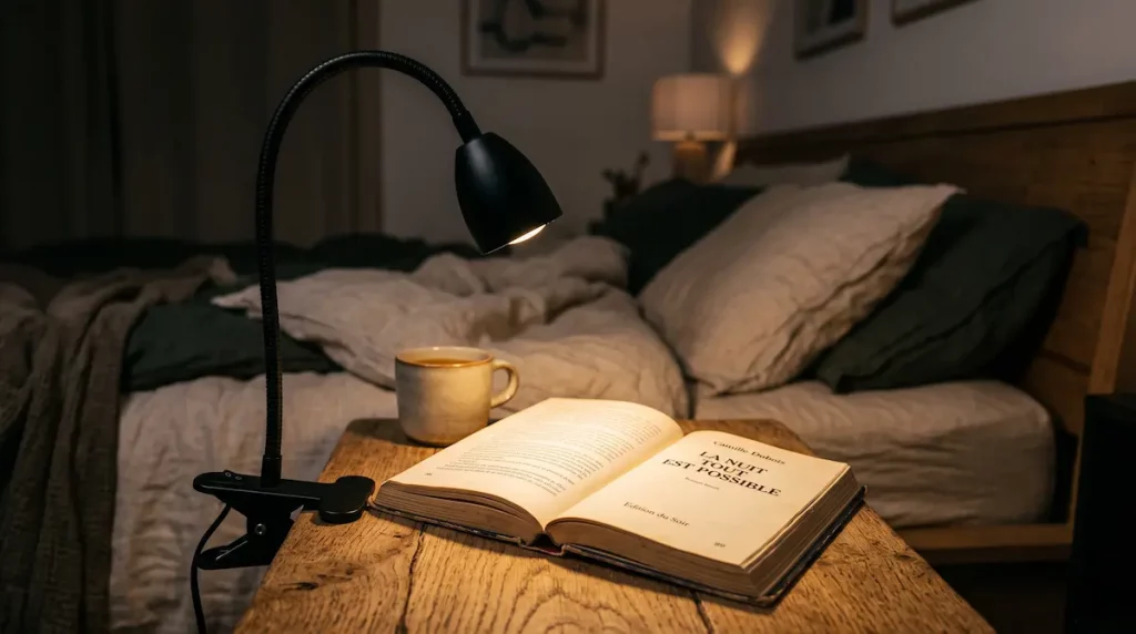 Lampe à pince pour lire au lit : guide et comparatif Lampe de lecture à pince fixée sur une table de chevet, éclairant un livre ouvert
