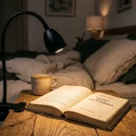 Accueil Lampe de lecture à pince fixée sur une table de chevet, éclairant un livre ouvert