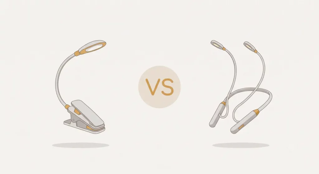 Comparaison illustrée entre une lampe de lecture à pince et une lampe de lecture tour de cou