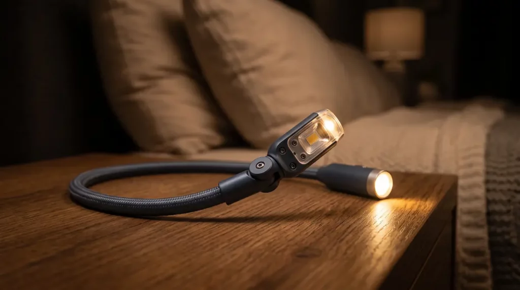 Détail des bras flexibles et LED d'une lampe de lecture tour de cou