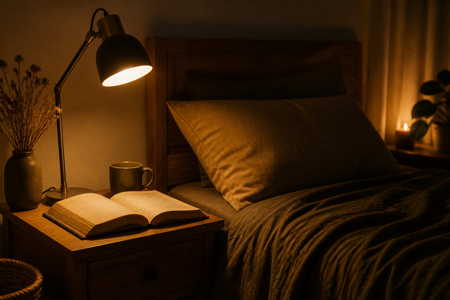 Un livre ouvert sur une table de chevet éclairé par une lampe à intensité réglable dans une chambre chaleureuse.