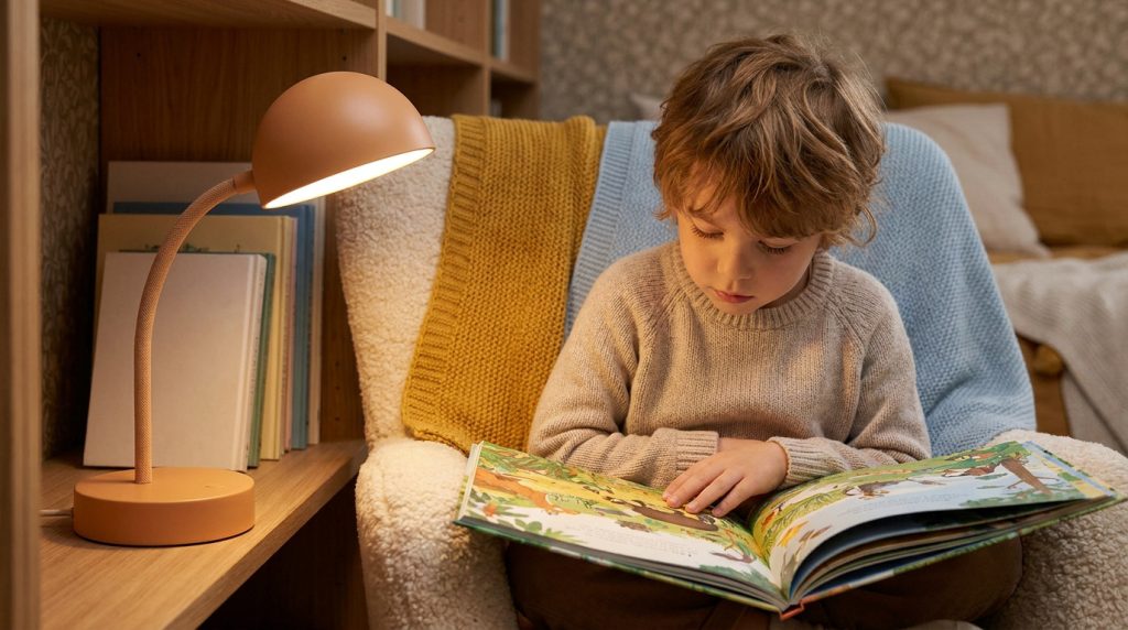 Un jeune enfant lit un livre illustré dans un fauteuil confortable éclairé par une lampe de bureau design couleur ocre.