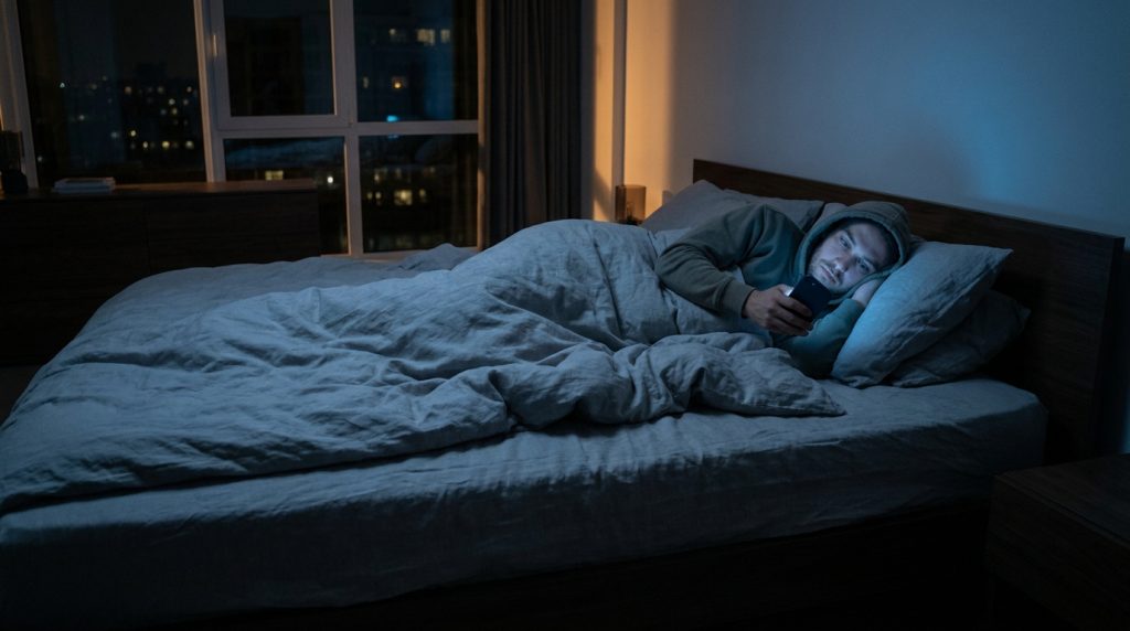 Un jeune homme allongé dans son lit sombre, éclairé par la lumière bleue de son smartphone avant de dormir.