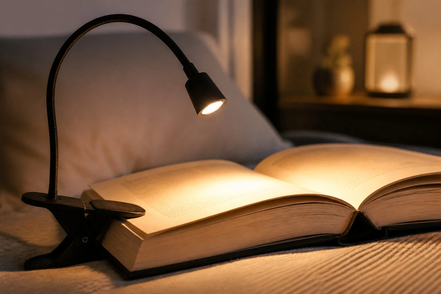 Accueil Lampe de lecture à pince éclairant un livre ouvert le soir au lit