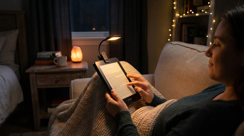 Une personne lit sur une liseuse Kindle avec une petite lampe à clip fixée sur l'appareil dans une chambre sombre.