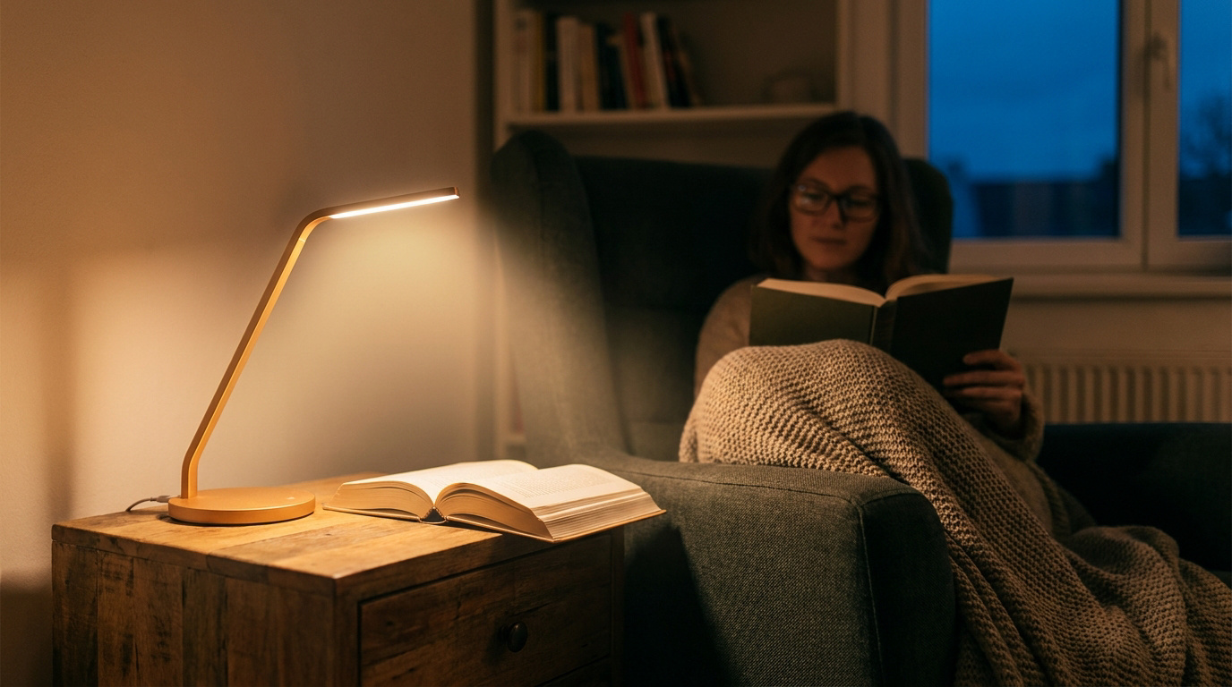 Une femme lit un livre dans un fauteuil, éclairée par une lampe de bureau design à intensité variable sur une table.