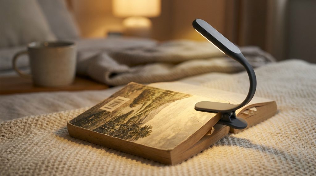 Comment fixer une lampe de lecture sur un livre broché ? Une petite lampe de lecture grise fixée sur un livre ouvert posé sur un lit avec une tasse de café en arrière-plan.