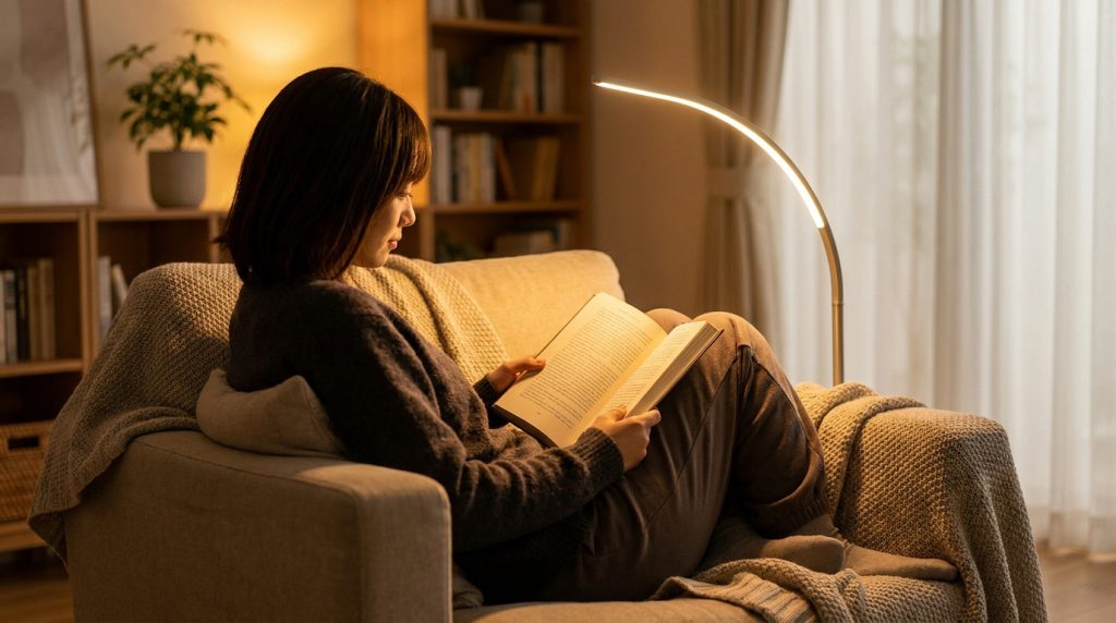 Une jeune femme lit un livre sur un fauteuil, éclairée par une lampe LED moderne et douce dans un salon cosy.