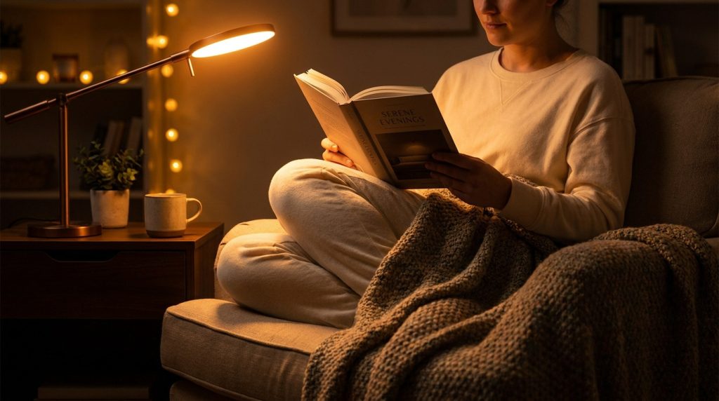 Une femme lit un livre dans un fauteuil confortable sous la lumière chaude et relaxante d'une lampe ambre.
